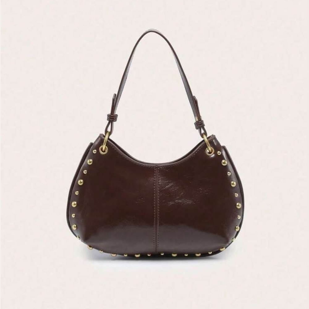 Brown Studded Leather Shoulder Bag Chocolate Brown Western Chic Minimalist